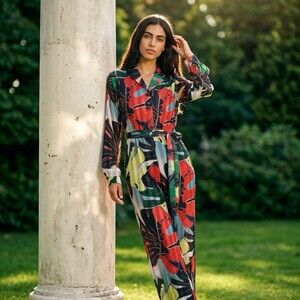 MULLA Jumpsuit Womens Size M Tropical Leaf Print Wide-Leg Tie Waist NWT